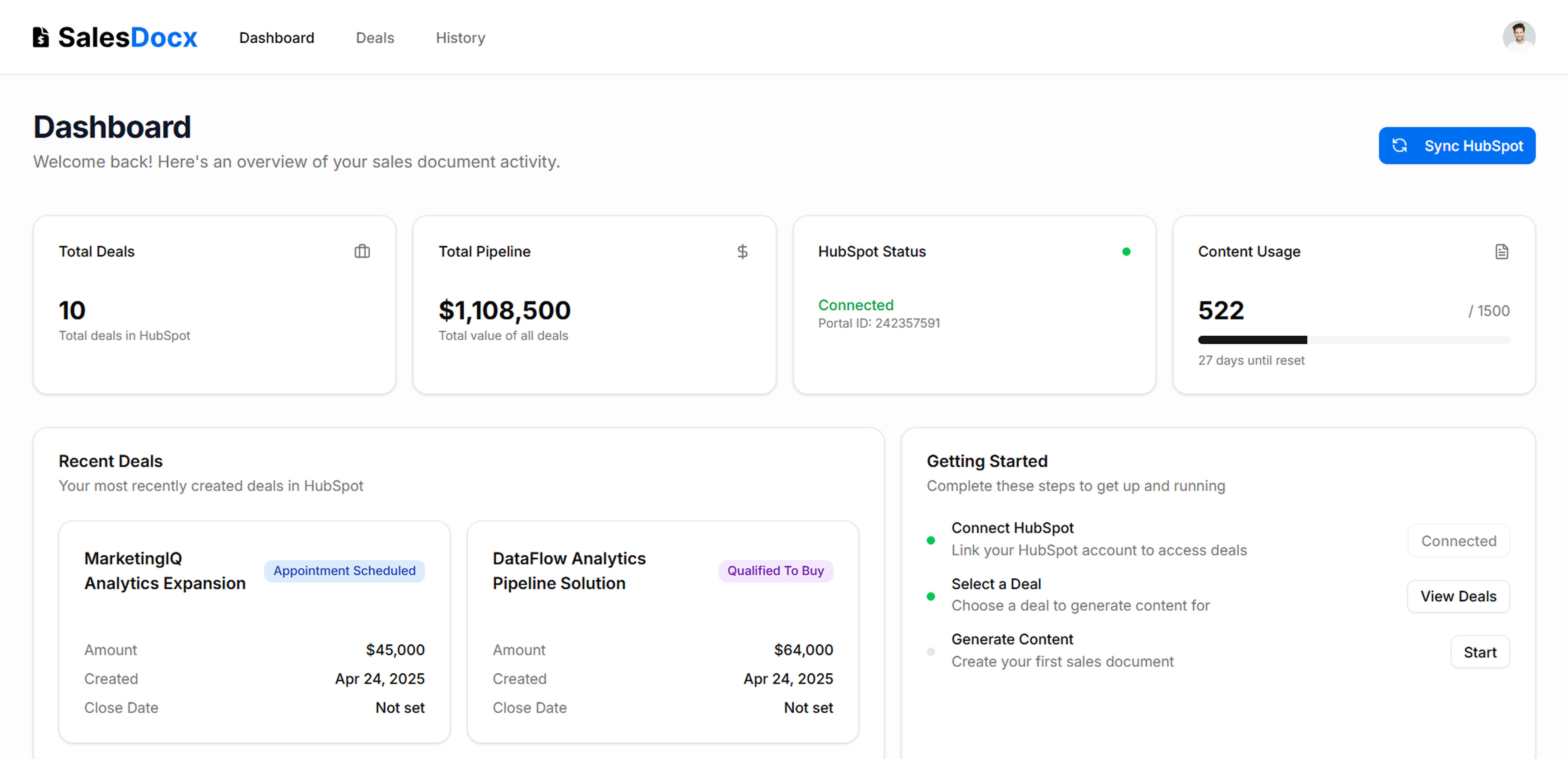 SalesDocx Dashboard Interface